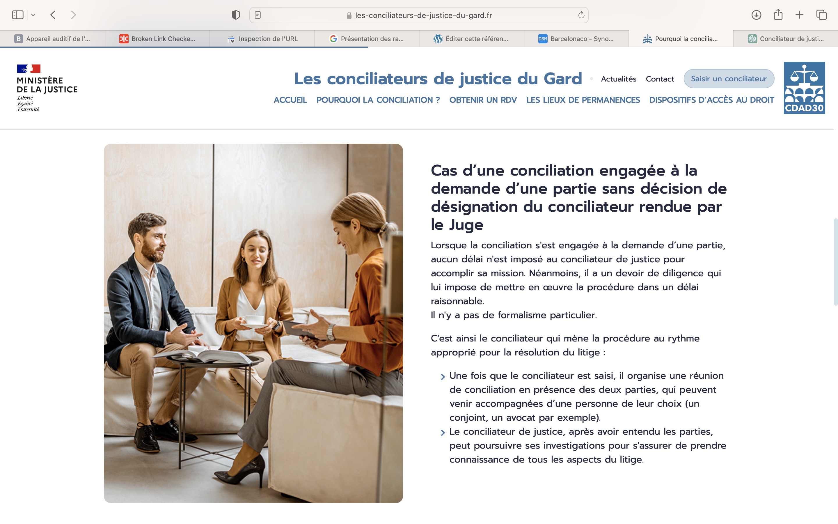 Page web les conciliateurs de justice du gard - Agence de communication Nîmes