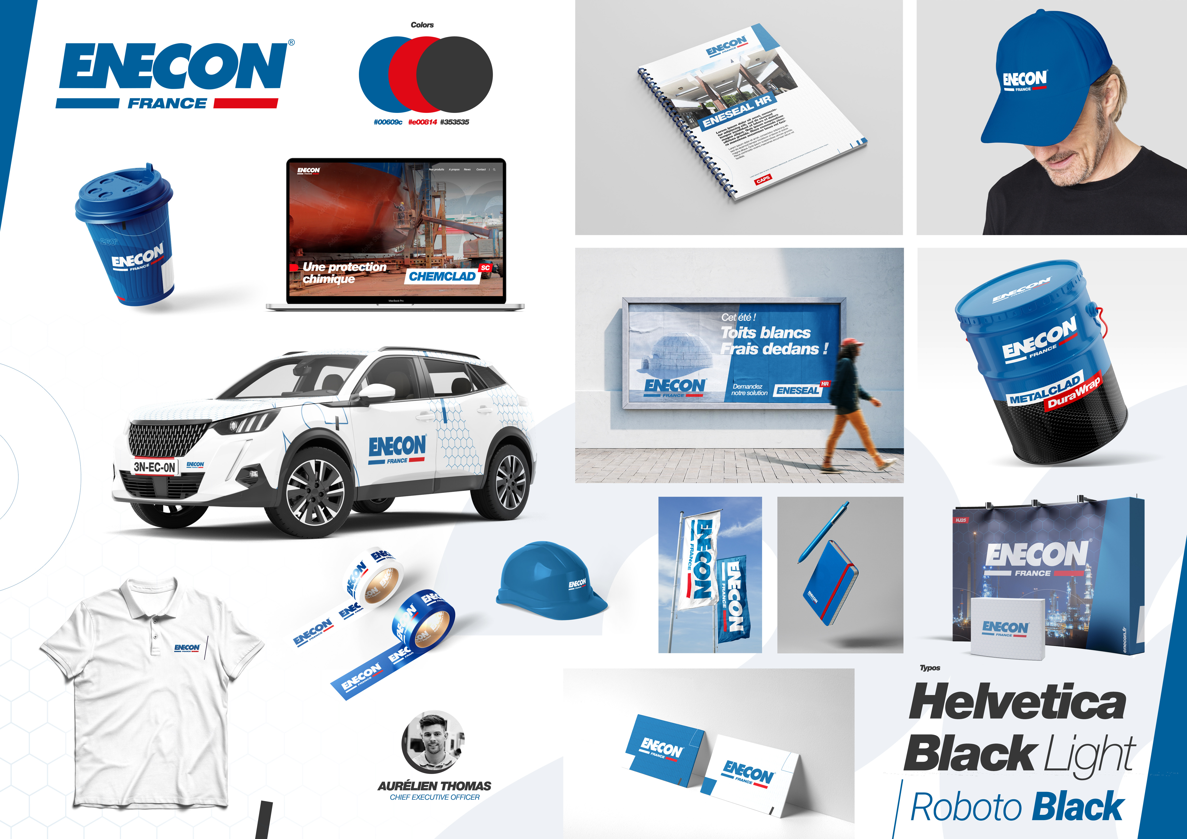 Moodboard de l'entreprise Enecon, tons bleu, rouge et noir, police Helvetica Black Light Roboto, mises en situation de la charte graphique