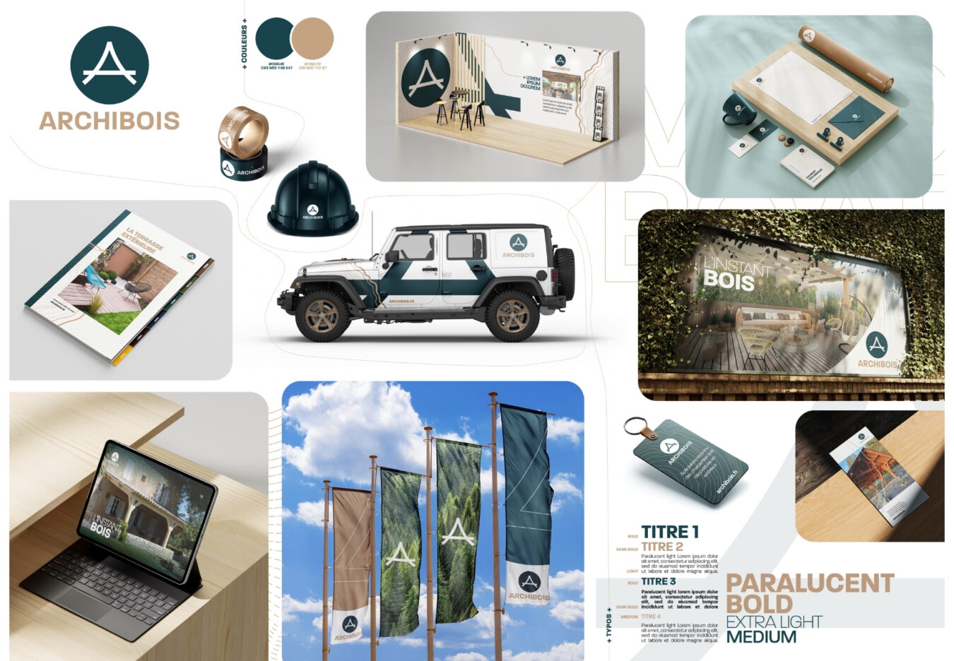Moodboard de l'entreprise Archibois, tons bleu, beige et marron, police Paralucent Bold, mises en situation de la charte graphique