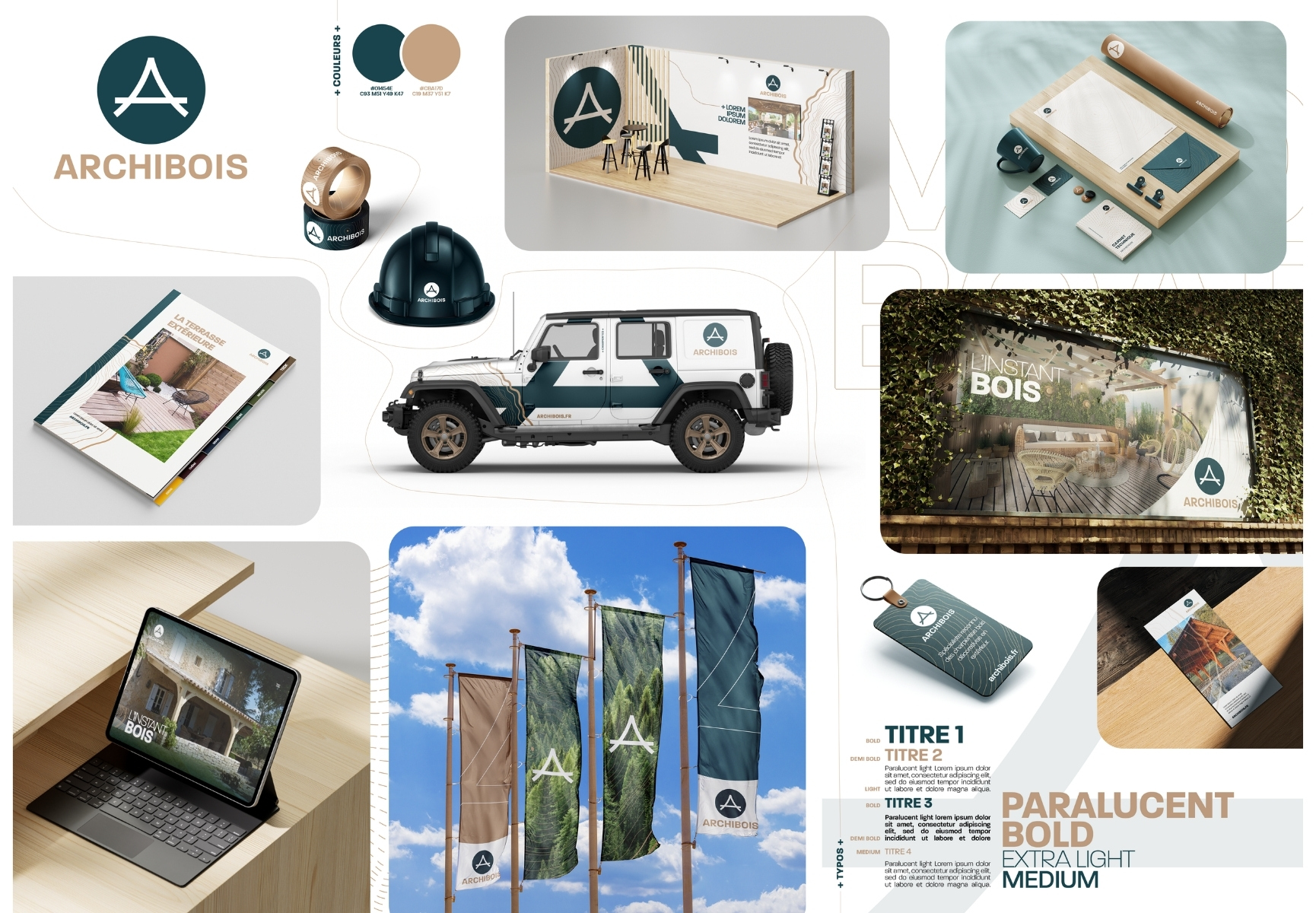 Moodboard de l'entreprise Archibois, tons bleu, beige et marron, police Paralucent Bold, mises en situation de la charte graphique