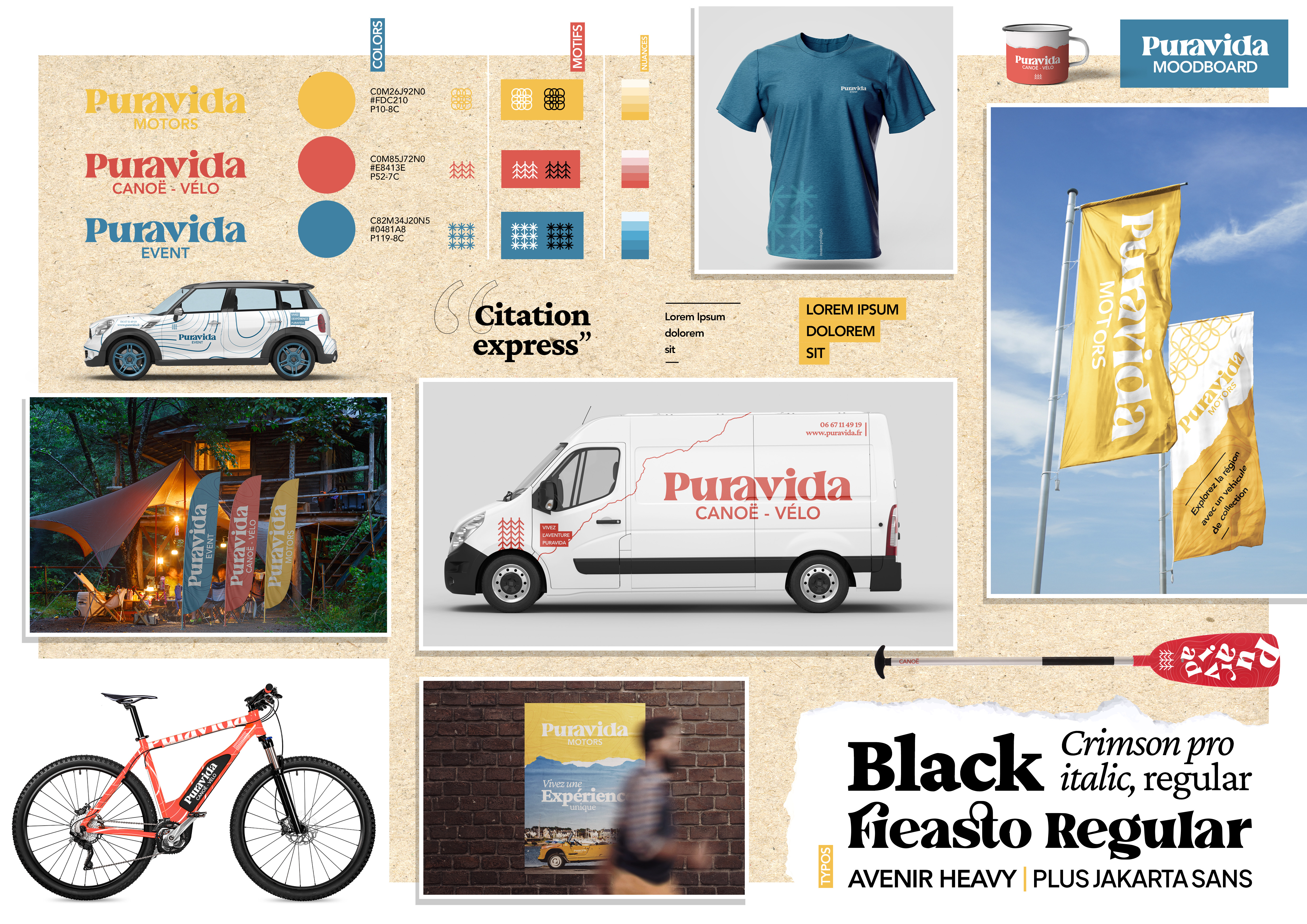 Moodboard de l'entreprise Puravida, tons bleu, rouge et jaune, police Avenir Heavy Plus Jakarta Crimson pro Fieasto Regular, mises en situation de la charte graphique