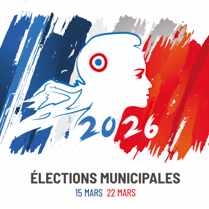 Illsutration de Marianne sur un drapeau Bleu blanc rouge pour les élections municipales de 2026
